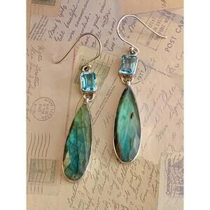Artisan Crafted Vintage 925 Sterling Silver Labradorite Blue Topaz Dang Earrings